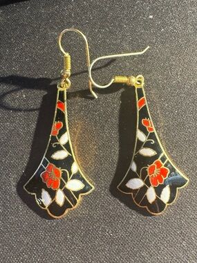Gold-Tone Black Floral Dangle Earrings with Red Accents